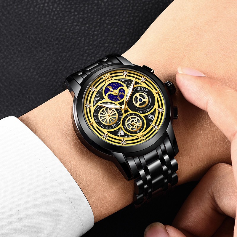 LIGE 8942 Mens Watches Top Brand Luxury Skeleton Quartz Wristwatch Fashion Business Stainless Gold Watch