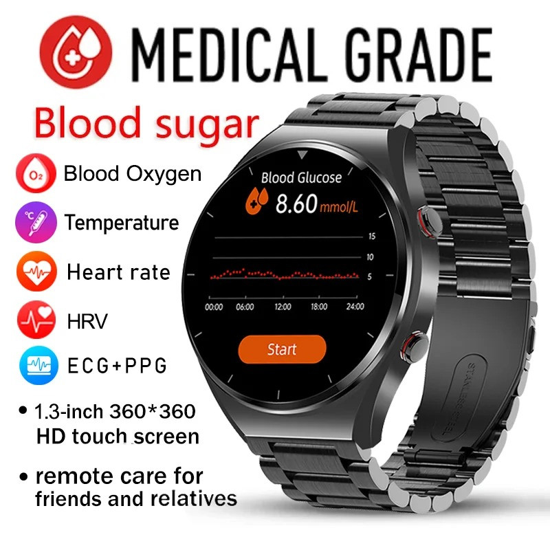 ECG+PPG Non-Invasive Blood Glucose Smart Watch Men Body Temperature Heart Rate Smartwatch Blood Pressure Sport Fitness Watch