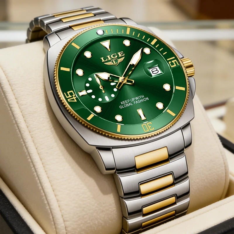 LIGE 89287 Green Luxury Men's Quartz Watch 30M Waterproof Luminous Stainless Steel Business Casual Wristwatch