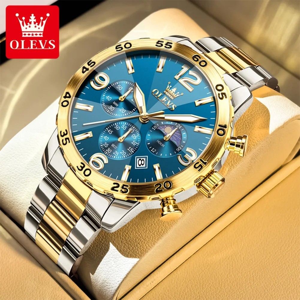 OLEVS 3678 Moon Phase Watches Waterproof Silver Gold Blue