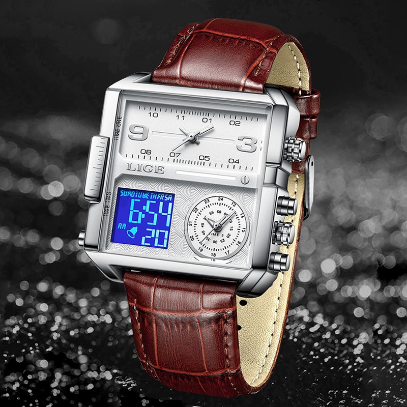 LIGE 8925 Top Brand Luxury Mens Watches Square Digital Sports Quartz Wrist Watch for Men Waterproof Stopwatch Relogio Masculino