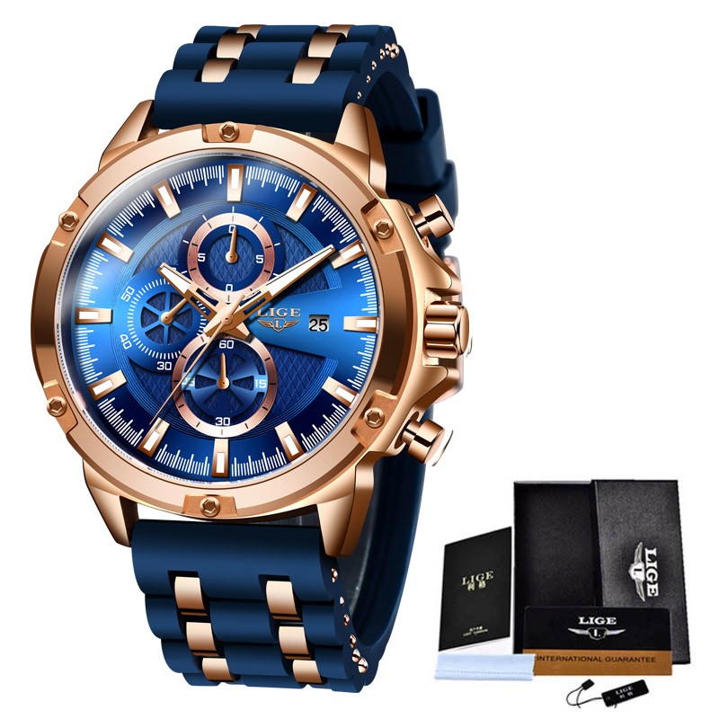 LIGE 10028 Silicone belt Mens Watches Brand Luxury Dial Clock Male Fashion Waterproof Quartz Gold Watch Men Sport Chronograph Montre Homme