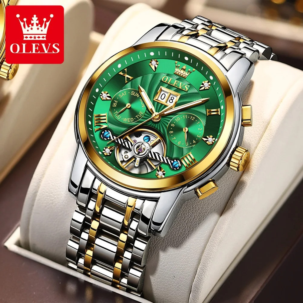 OLEVS 9910 Green Waterproof Automatic Mechanical Watches For Men, Stainless Steel Strap Business Multifunctional Men Wristwatch