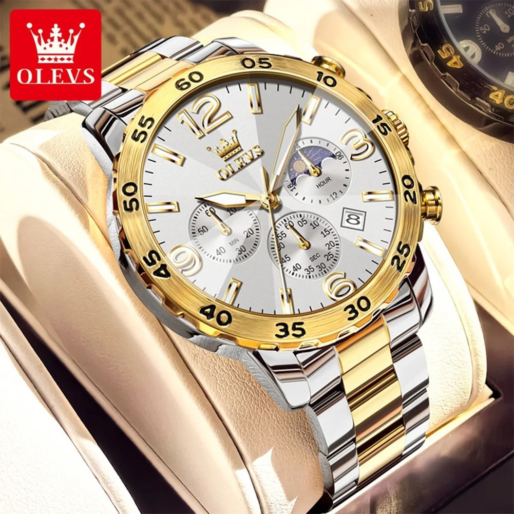 OLEVS 3678 Moon Phase Watch Silver Gold White Waterproof