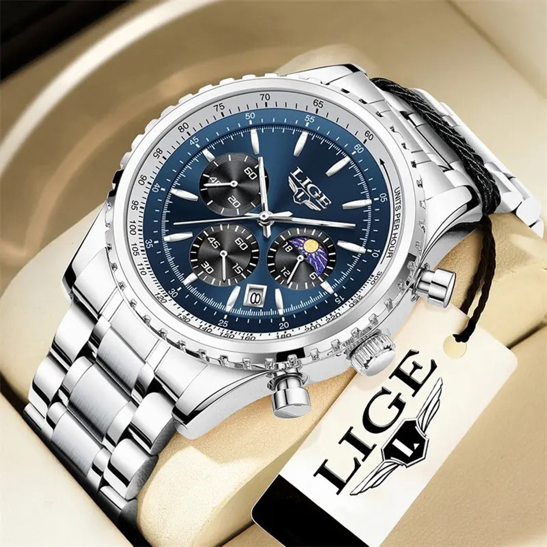 LIGE 8989 Fashion Men Watch Stainless Steel Top Brand Luxury Sport Chronograph Quartz Wrist Watches for Men Relogio Masculino+Box