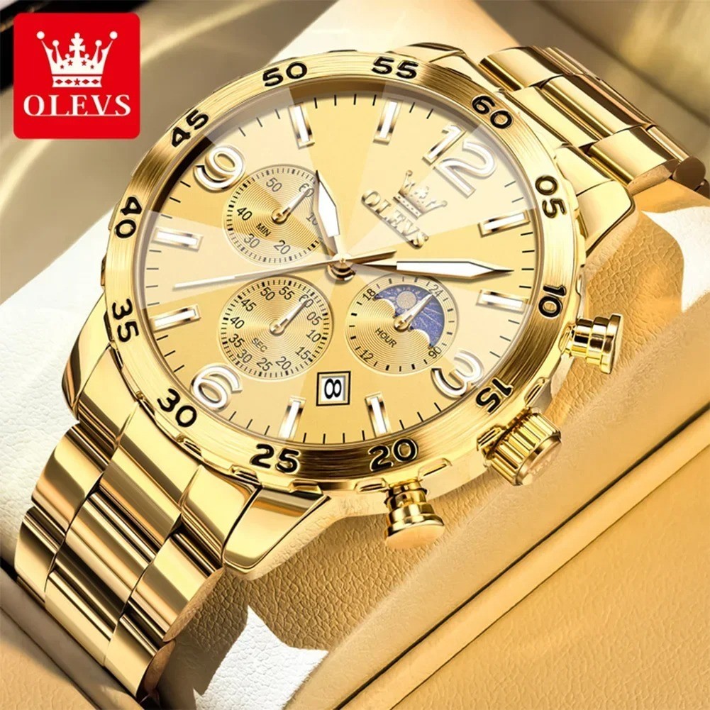 OLEVS 3678 Men’s Quartz Watch Moon Phase Waterproof Steel