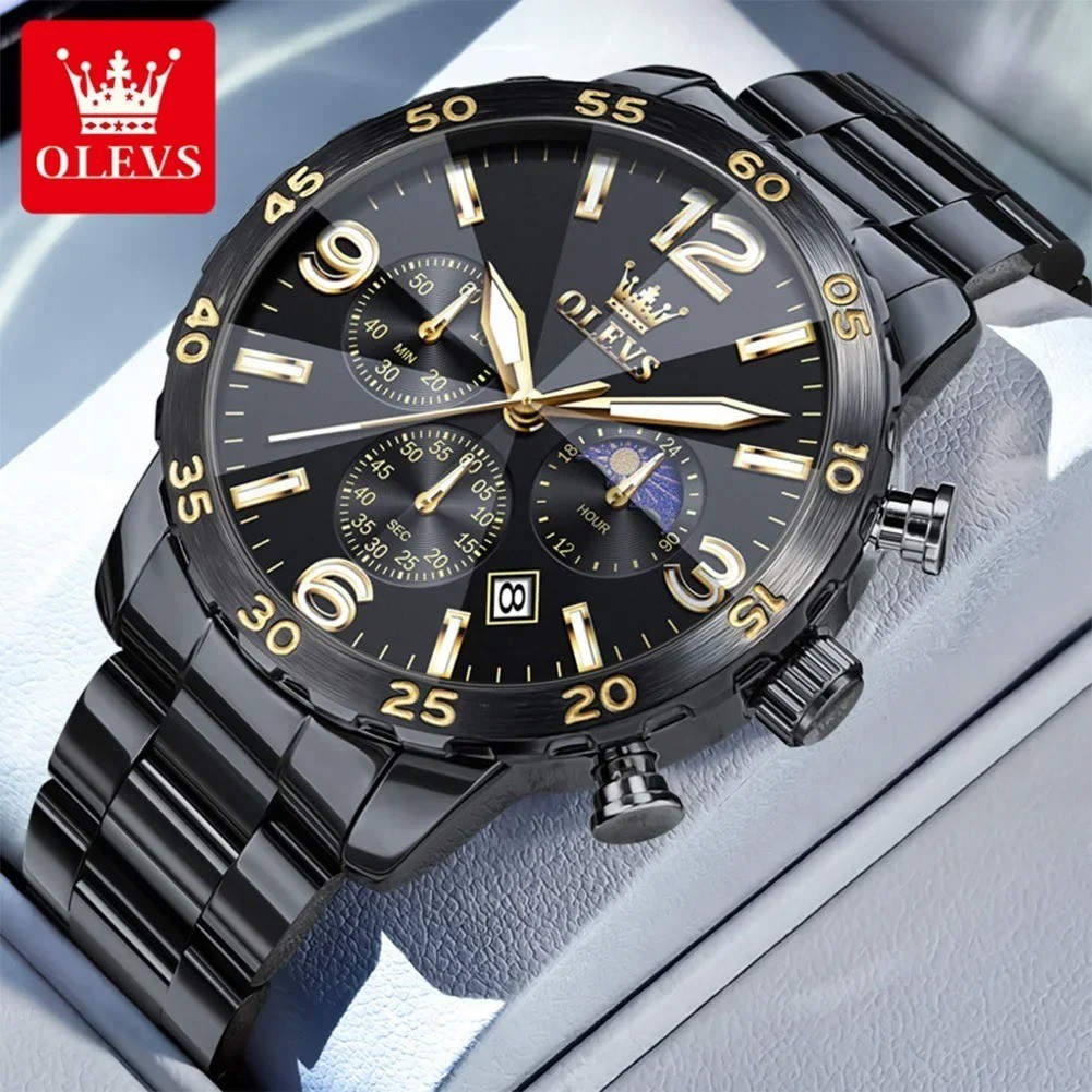 OLEVS 3678 Luxury Black Quartz Watch Moonphase Men