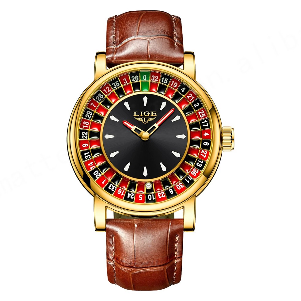 LIGE 89161 Sample Quartz Movement Rotating Watch Gambling Disk Mens Wrist watch